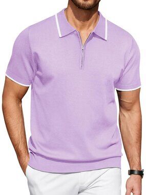 Men's Light Purple Zipper Polo Shirt Casual Knit Short Sleeve Classic Fit Tee St